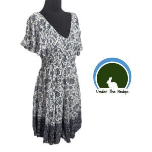 Angie White Blue Floral Smocked Flutter Sleeve Midi Dress Medium U1 Boho Cottage